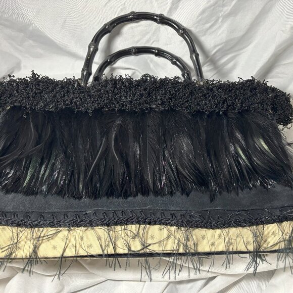Unique Black & White Purse with Black Feathers - Picture 1 of 5